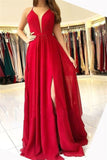 Beautiful Side-Split A-line V-Neck Red Open-Back Prom Dresses