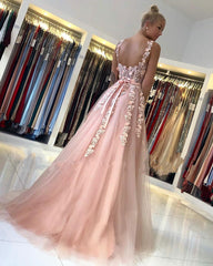 Beautiful Spaghetti Straps Tulle Lace Blushing Pink Appliques Prom Dresses