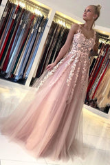 Beautiful Spaghetti Straps Tulle Lace Blushing Pink Appliques Prom Dresses