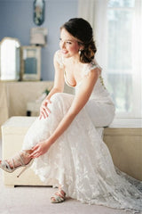 Beautiful White Lace Flower Wedding Dress Popular Sweep Train Formal Plus Size Bridal Gown