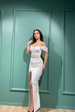 Beautiful White Mermaid Off-the-shoulder Sleeveless Evening Prom Dresses With Slit