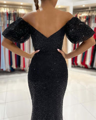 Black Evening Dresses Long Glitter Prom Dresses with Sleeves