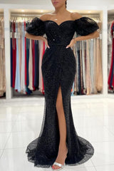 Black Evening Dresses Long Glitter Prom Dresses with Sleeves