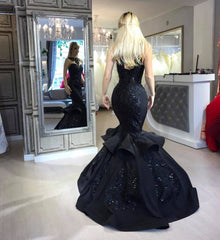 Black Mermaid Beads Prom Dresses | Appliques Sexy Evening Dresses