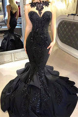 Black Mermaid Beads Prom Dresses | Appliques Sexy Evening Dresses