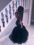 Black Sequins Mermaid Halter Evening Dresses Sleeveless Tulle Prom Dress CE0032