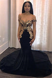 Black Sexy Off-The-Shoulder Mermaid Long Evening Gown | Sleeveless Sweep Train Appliques Prom Dresses BC0986