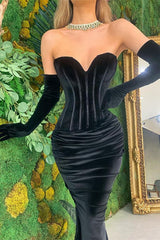 Black Sweetheart Mermaid Prom Dress Velvet Long With Gloves