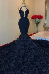 Black V-neck Halter Appliques Sleeveless Floor-length Mermaid Prom Dresses