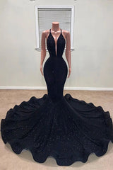 Black V-neck Spaghetti Straps Sleeveless Floor-length Mermaid Prom Dresses