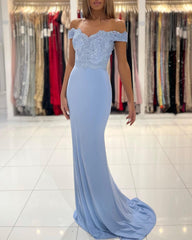 Blue Off-the-shoulder Mermaid Long Evening Dresses With Lace