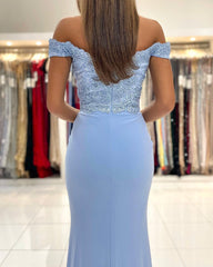 Blue Off-the-shoulder Mermaid Long Evening Dresses With Lace