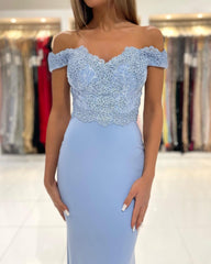 Blue Off-the-shoulder Mermaid Long Evening Dresses With Lace