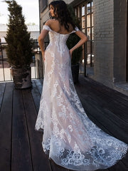 Boho Mermaid Wedding Dress Sweetheart Lace Regular Straps Bridal Gowns Illusion Detail with Court Train