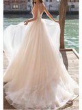 Boho See-Through A-Line Wedding Dress V-Neck Tulle Charmeuse Spaghetti Strap Bridal Gowns Court Train