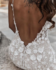 Boho Sleeveless Floral Mermaid Wedding Dress Backless Bridal Gown