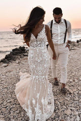 Boho Sleeveless Floral Mermaid Wedding Dress Backless Bridal Gown