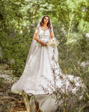 Boho V-Neck Tulle Lace Garden Bridal Dress with Floral Appliques