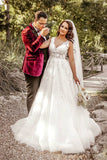 Boho V-Neck Tulle Lace Garden Bridal Dress with Floral Appliques