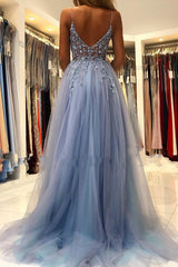 Breath-taking Sleeveless Tulle Ocean Blue Split Appliques Prom Dresses