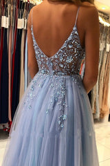 Breath-taking Sleeveless Tulle Ocean Blue Split Appliques Prom Dresses