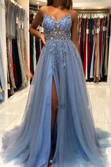 Breath-taking Sleeveless Tulle Ocean Blue Split Appliques Prom Dresses