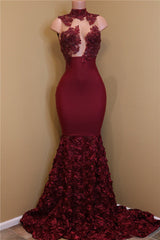 Burgundy Lace Prom Dresses with Roses Bottom | Sexy Sheath Sleeveless BA8119