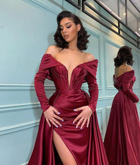 Burgundy Long Sleeves Mermaid Prom Dress Slit Off-the-Shoulder