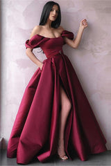 Burgundy Off-The-Shoulder A-Line Prom Dress | Newly Princess Side-Slit Evening Gown