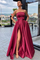 Burgundy Strapless A-Line Evening Gown | Sexy Side-Slit Sleeveless Prom Gown