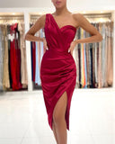 Burgundy Stretch Satin Short Slim Prom Dress One Shoulder Party Dress with Front Slit