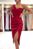 Burgundy Stretch Satin Short Slim Prom Dress One Shoulder Party Dress with Front Slit