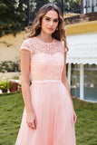 Short Sleeves Scoop Lace Prom Dress Long Chiffon On Sale