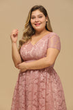 Plus Size Short Sleeves Lace V-Neck Party Dress