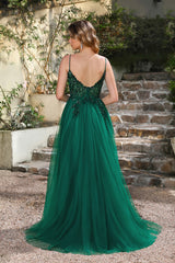 Spaghetti Straps Prom Dress Sequin A Line Tulle Evening Dress with Slit