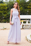 Elegant Scoop Sleeveless Chiffon Pary Dress Long With Lace