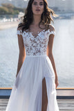 Cap Sleeves Appliques Wedding Dress Long With Split