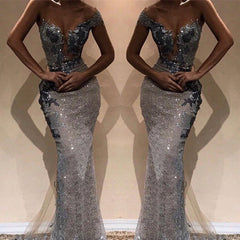 Cap Sleeves Floor Length Mermaid Prom Dresses | Gorgeous Sequins One-Shoulder V-Neck Dresses