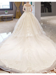 Casual Plus Size A-Line Wedding Dresses Off Shoulder Lace Sleeveless Bridal Gowns with Court Train