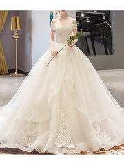 Casual Plus Size A-Line Wedding Dresses Off Shoulder Lace Sleeveless Bridal Gowns with Court Train