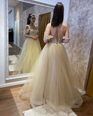 Champagne Sweetheart Off-the-Shoulder Tulle Ball Gowns Wedding Dresses