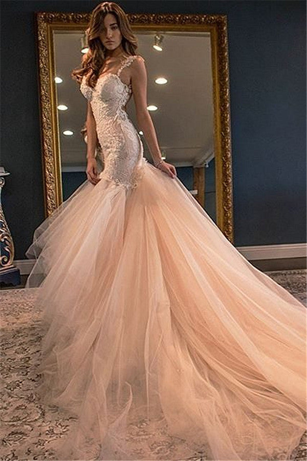 Tulle Open Back Spaghetti Straps Wedding Dresses Romantic Bridal  Dresses,MW502