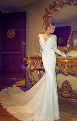 Chapel Train V-Neck Mermaid Wedding Dress Long Sleeve Applique Open Back Bridal Gowns