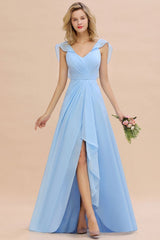 Charming Cap Sleeves Ruffle Chiffon Hi-Lo Bridesmaid Dress Elegant Wedding Party Dress