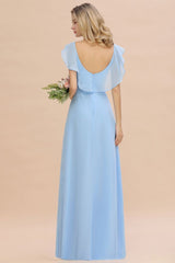 Charming Cap Sleeves Ruffle Chiffon Hi-Lo Bridesmaid Dress Elegant Wedding Party Dress