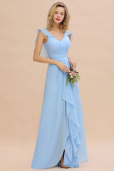 Charming Cap Sleeves Ruffle Chiffon Hi-Lo Bridesmaid Dress Elegant Wedding Party Dress