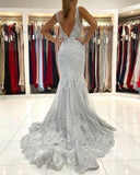 Charming Grey Sleeveless Mermaid Prom Dress V-Neck Tulle Lace Evening Wear Gown