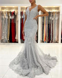 Charming Grey Sleeveless Mermaid Prom Dress V-Neck Tulle Lace Evening Wear Gown