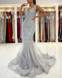 Charming Grey Sleeveless Mermaid Prom Dress V-Neck Tulle Lace Evening Wear Gown