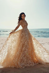 Charming Long Sleeves Jewel Lace Appliques A-Line Prom Dresses